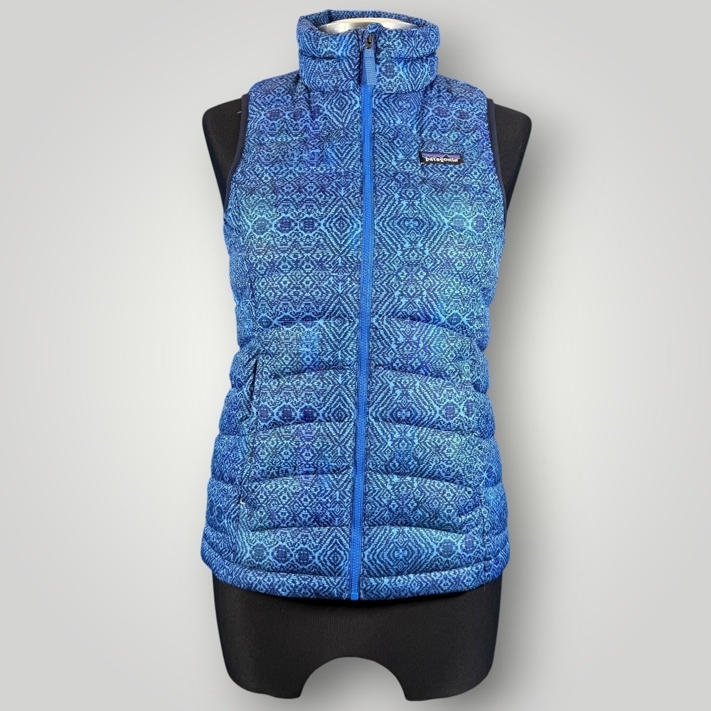Patagonia Down Sweater Vest Girls Medium Blue Puffer Geometric Lightweight Coat